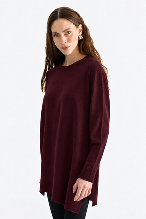 Sıfır Yaka Salaş Verev Tunik - Bordo