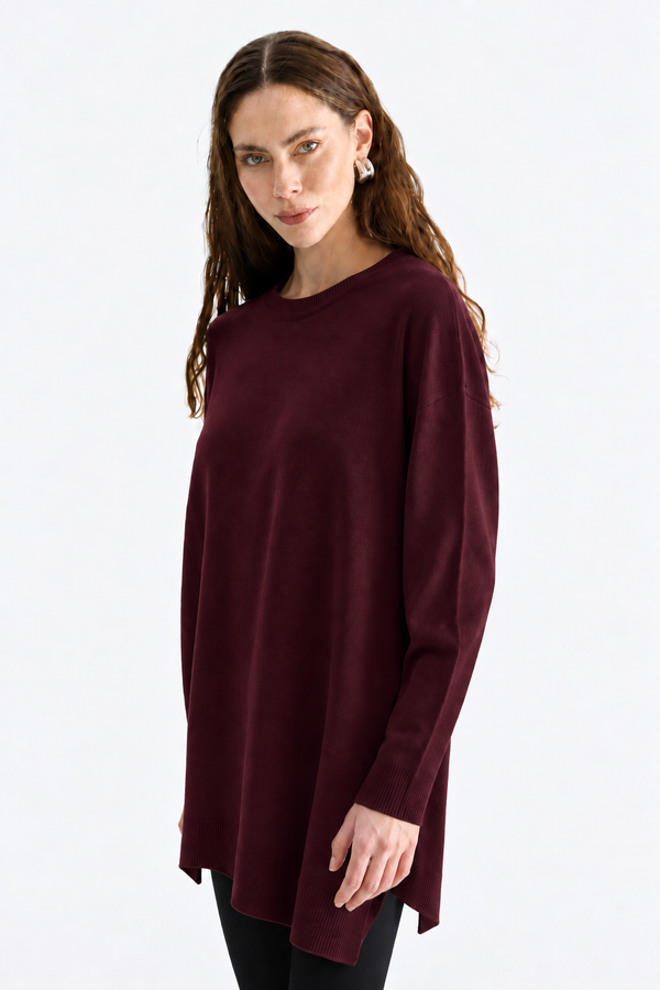 Sıfır Yaka Salaş Verev Tunik - Bordo