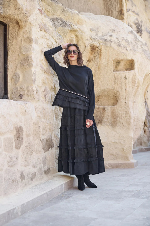 Fermuar Detaylı Katlı Triko Tunik - Siyah