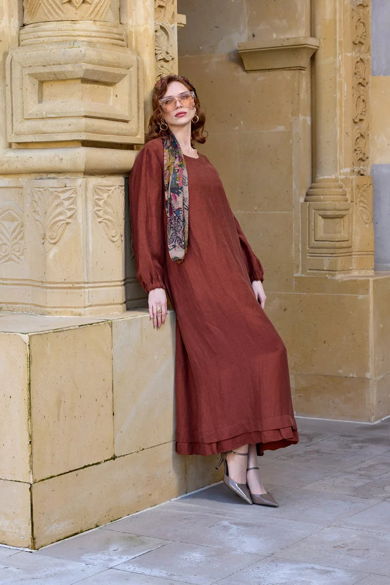 Fular Ve Cep Detaylı Büyük Beden Keten Elbise