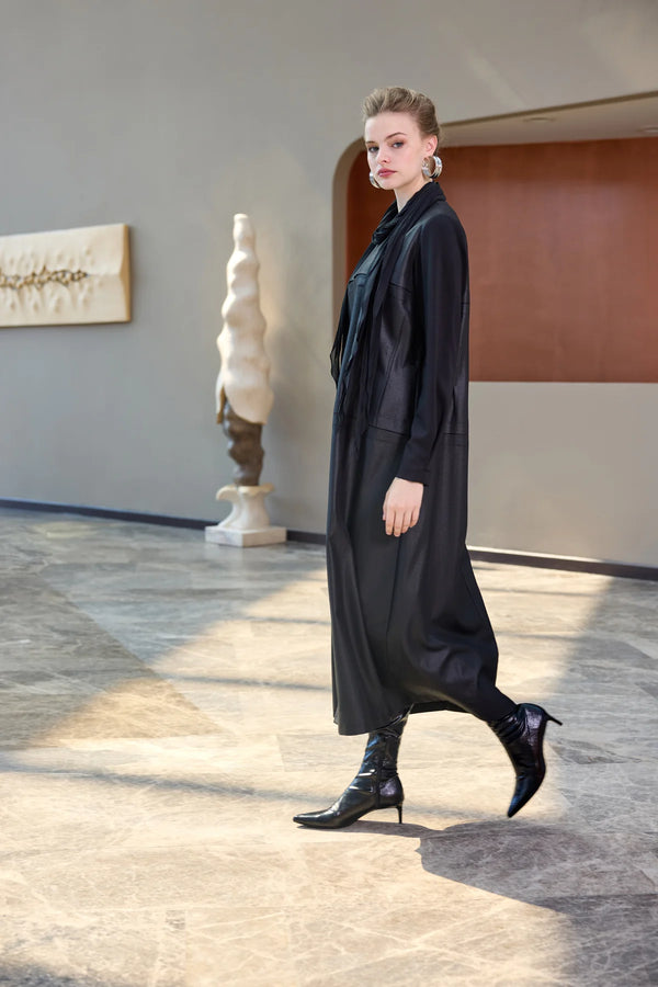 Deri Görünümlü Elbise - Siyah