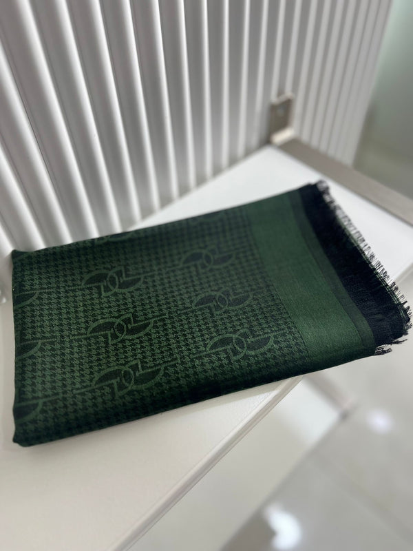 Çam Yeşili Logo Desenli İpek Pamuk Şal