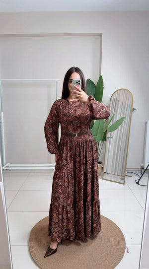 Belden Kemerli Şal Desen Elbise - Bordo