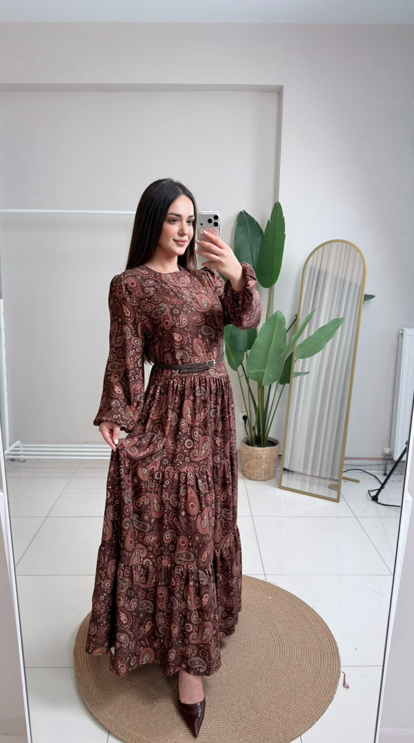 Belden Kemerli Şal Desen Elbise - Bordo