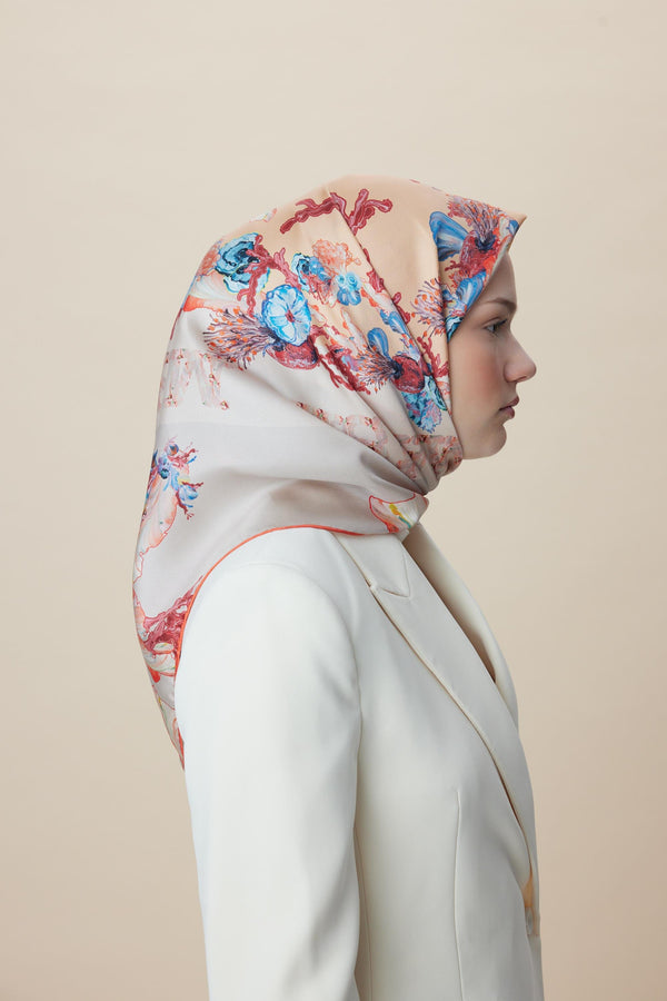 Ahu Tivil İpek Eşarp 90x90 cm - Mercan