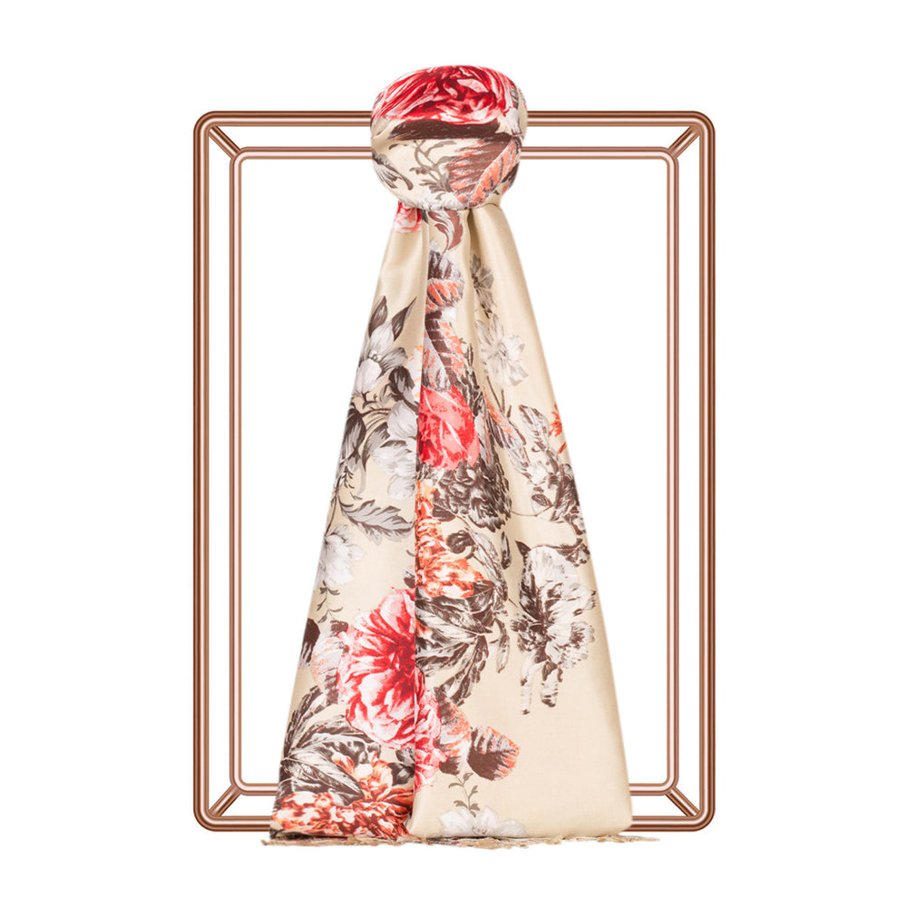 Bej Şakayık Bahçesi Desenli İpek Şal