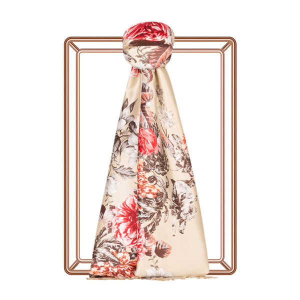 Bej Şakayık Bahçesi Desenli İpek Şal