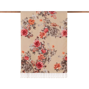 Bej Şakayık Bahçesi Desenli İpek Şal