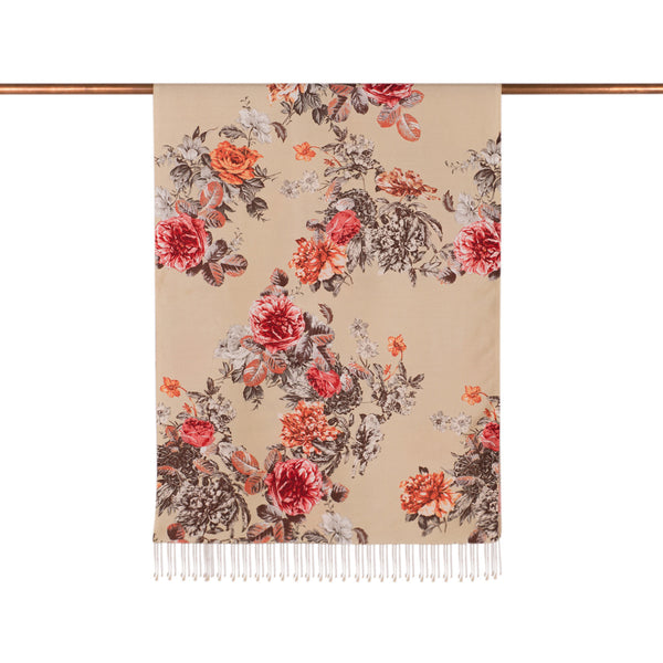 Bej Şakayık Bahçesi Desenli İpek Şal