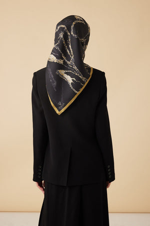 Ceylan Mulberry İpek Eşarp 90x90 Cm - Gold Siyah