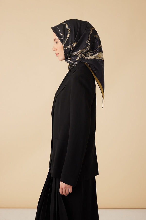 Ceylan Mulberry İpek Eşarp 90x90 Cm - Gold Siyah