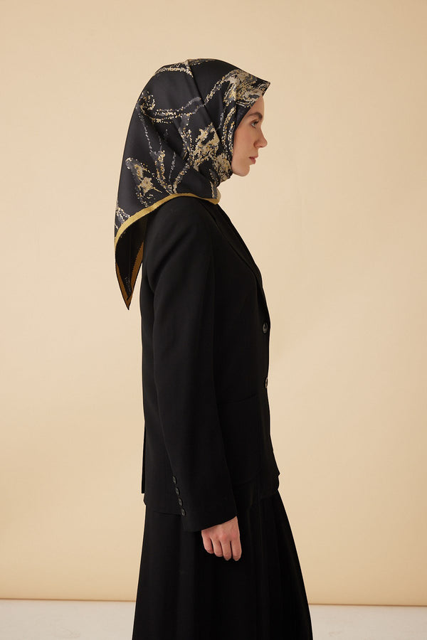 Ceylan Mulberry İpek Eşarp 90x90 Cm - Gold Siyah