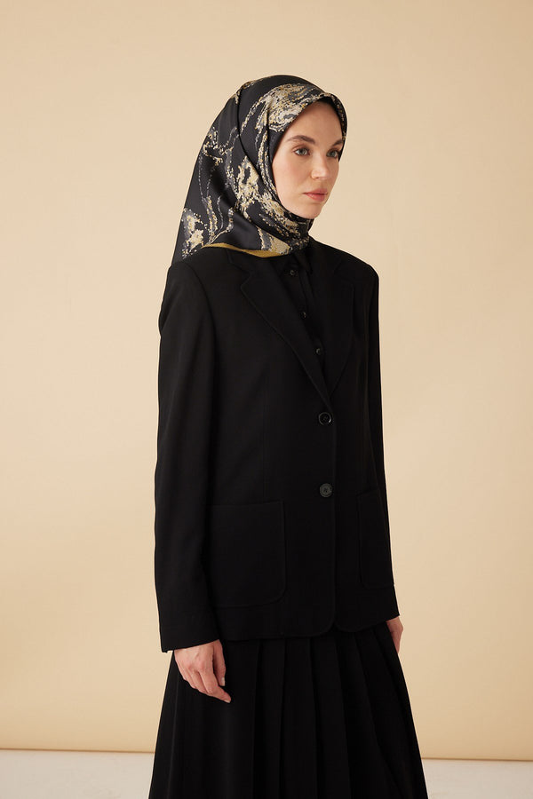 Ceylan Mulberry İpek Eşarp 90x90 Cm - Gold Siyah
