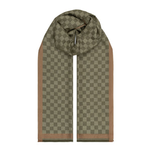 Haki Dama Desenli Yün İpek Şal