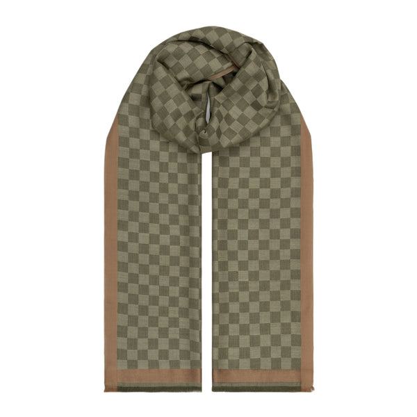 Haki Dama Desenli Yün İpek Şal