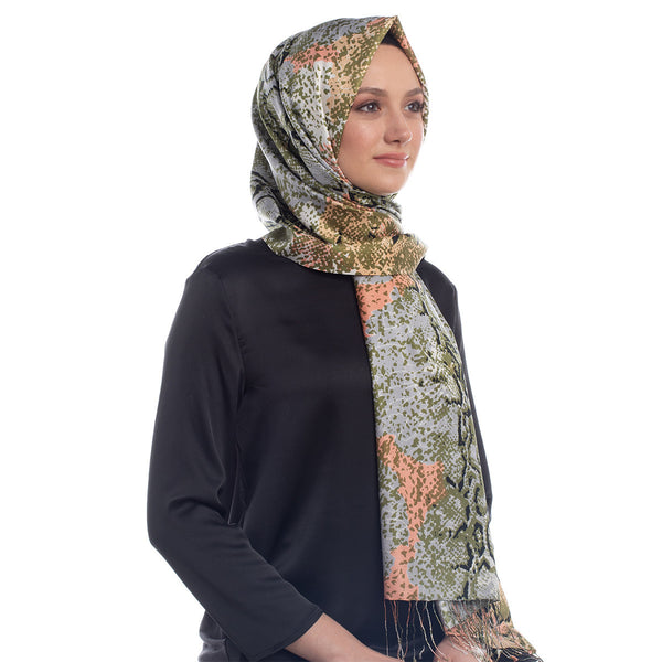 Haki Yeşili Piton Desenli İpek Şal