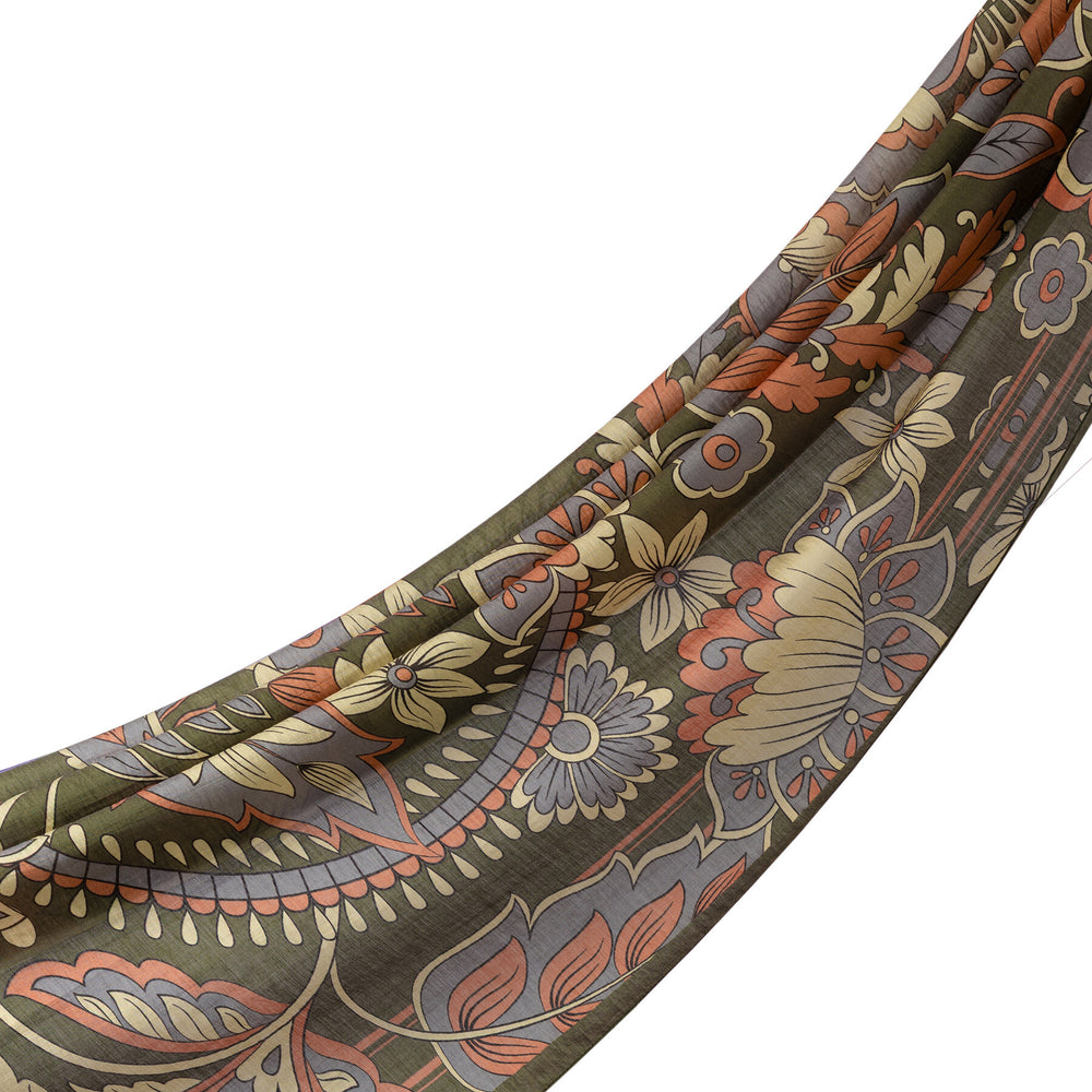 Haki Yeşili Saray Sarmaşığı Desenli Tensel Şal