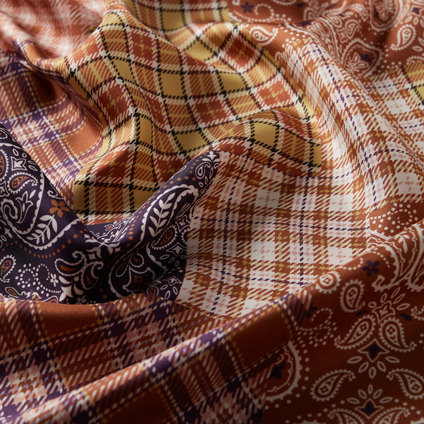 Pudra Mor Patchwork Desenli Tivil İpek Eşarp