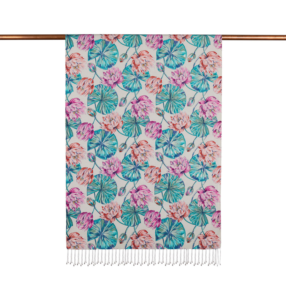 Puslu Pembe Lotus Desenli İpek Şal