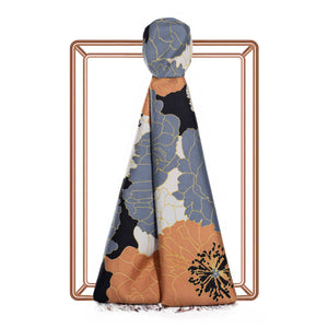 Siyah Bakır Mavi Ortanca Sepeti Desenli İpek Şal