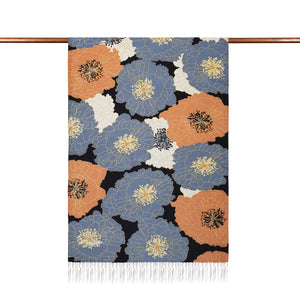 Siyah Bakır Mavi Ortanca Sepeti Desenli İpek Şal