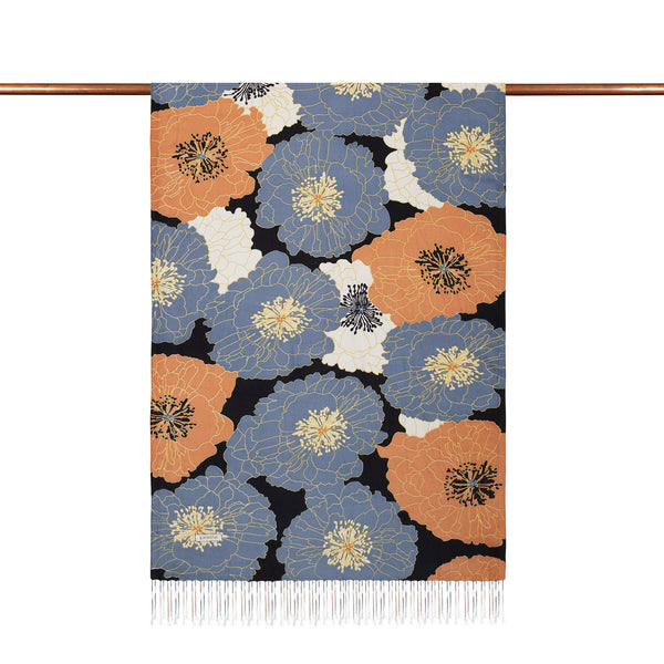 Siyah Bakır Mavi Ortanca Sepeti Desenli İpek Şal