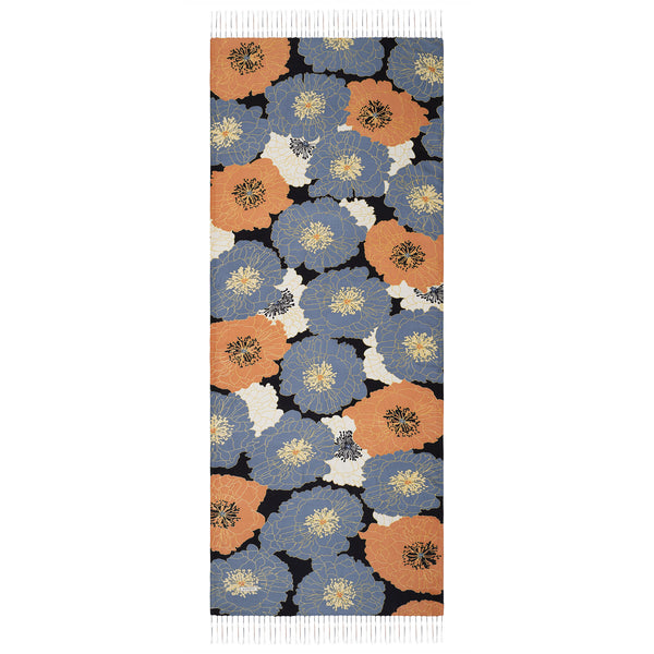 Siyah Bakır Mavi Ortanca Sepeti Desenli İpek Şal