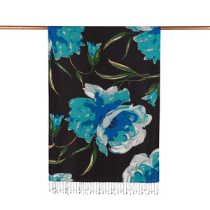 Siyah Kır Gülü Desenli İpek Şal