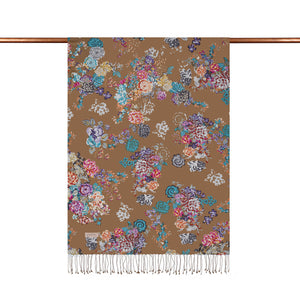 Sütlü Kahve Yalı Bahçesi Desenli İpek Şal