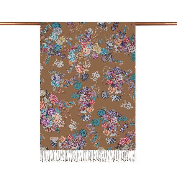 Sütlü Kahve Yalı Bahçesi Desenli İpek Şal