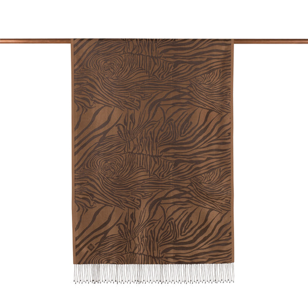 Sütlü Kahve Zebra Jakar Desenli İpek Şal